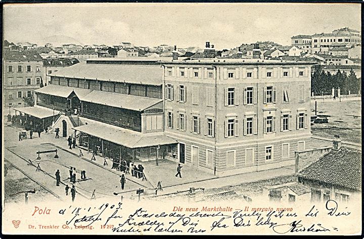 Østrigsk 5 h. og 5 øre Våben på brevkort (Parti fra Pola) annulleret med dansk bureaustempel Kjøbenhavn - Warnemünde T.92 d. 21.1.1904 til Charlottenlund.