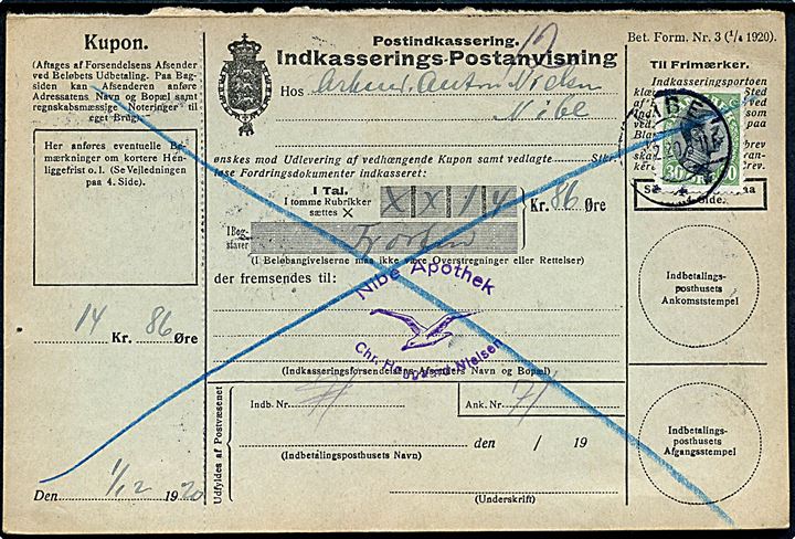 30 øre Chr. X single på retur Indkasserings-Postanvisning fra Nibe d. 2.12.1920 til Nibe.