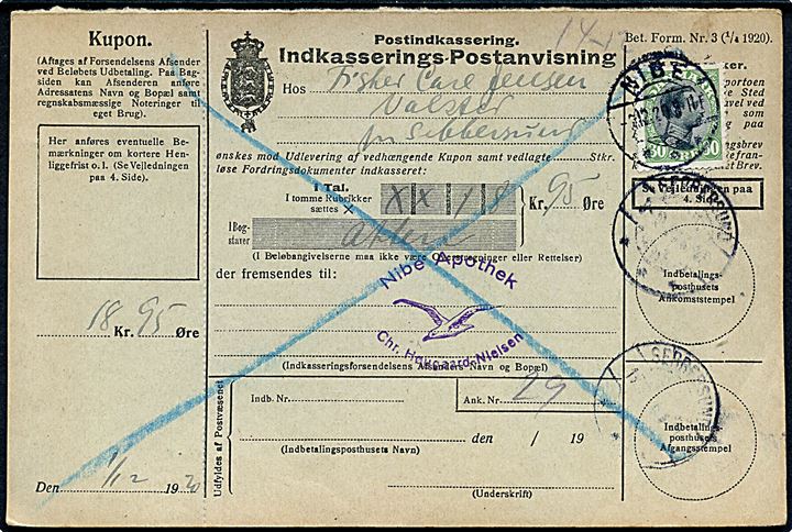 30 øre Chr. X single på retur Indkasserings-Postanvisning fra Nibe d. 2.12.1920 til Sebbersund.