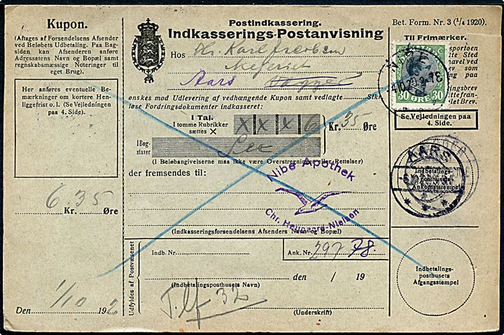 30 øre Chr. X single på retur Indkasserings-Postanvisning fra Nibe d. 4.10.1920 til Vægger - eftersendt til Aars.