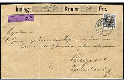 25 øre Fr. VIII single på værdibrev fra Næstved d. 9.9.1909 til Kjøbenhavn. Laksegl på bagsiden bortklippet.