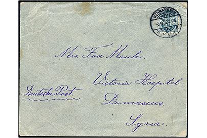 20 øre Våben på brev fra Kjøbenhavn d. 6.11.1902 til Damascus, Syrien. Påskrevet Deutsche Post.