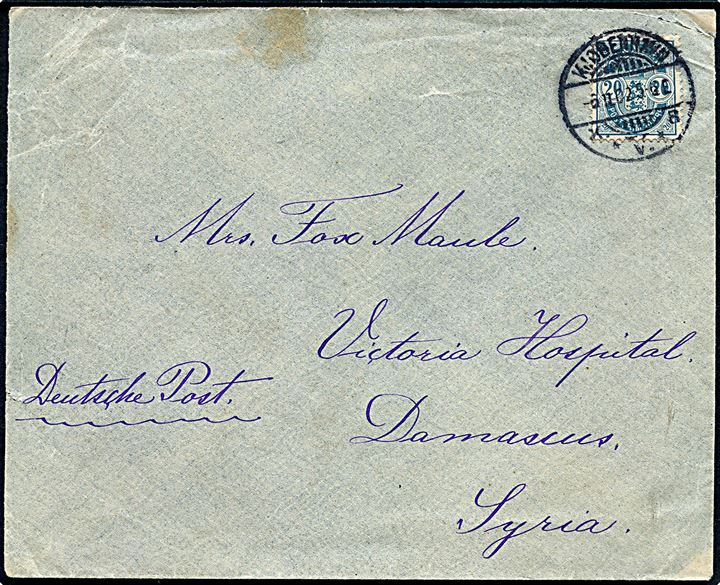 20 øre Våben på brev fra Kjøbenhavn d. 6.11.1902 til Damascus, Syrien. Påskrevet Deutsche Post.
