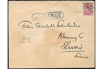 10 øre Våben på brev annulleret med svensk bureaustempel PKXP 83B d. 22.12.1903 og sidestemplet Från Danmark til Lund, Sverige.