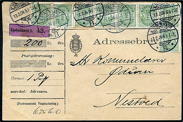 5 øre Våben (8) på 40 øre frankeret adressebrev for værdipakke fra Kjøbenhavn d. 13.2.1904 til Næstved.