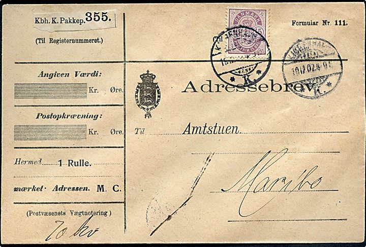 15 øre Våben single på adressebrev for pakke fra Kjøbenhavn d. 19.12.1902 til Maribo.