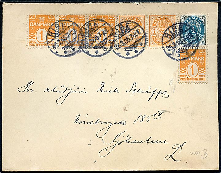 4 øre Tofarvet vm. III, 1 øre Våben (2) og 1 øre Bølgelinie (4) på brev fra Ribe d. 26.3.1906 til København.