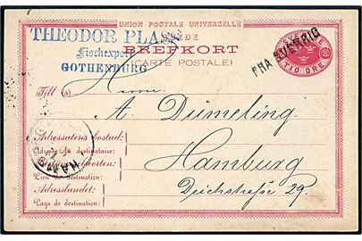 10 öre helsagskort fra Göteborg d. 9.5.1888 annulleret med skibsstempel Fra Sverrig i Frederikshavn til Hamburg, Tyskland.