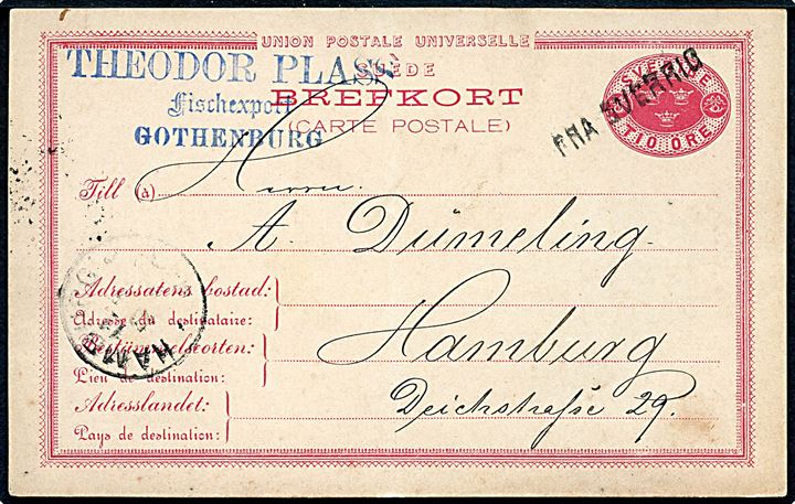 10 öre helsagskort fra Göteborg d. 9.5.1888 annulleret med skibsstempel Fra Sverrig i Frederikshavn til Hamburg, Tyskland.