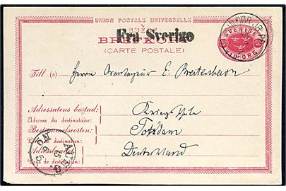 10 öre helsagsbrevkort fra Helsingborg annulleret med lapidar Helsingør JB d. 14.6.1888 og sidestemplet Fra Sverige til Potsdam, Tyskland.