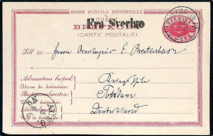 10 öre helsagsbrevkort fra Helsingborg annulleret med lapidar Helsingør JB d. 14.6.1888 og sidestemplet Fra Sverige til Potsdam, Tyskland.