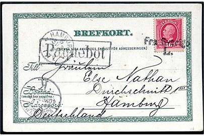 10 öre Oscar II på brevkort annulleret med skibsstempel Fra Sverige L. og sidestemplet Paquebot og Kjøbenhavn d. 30.3.1901 til Hamburg, Tyskland.
