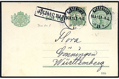 5 öre Gustaf helsagsbrevkort opfrankeret med 5 öre Gustaf fra Malmö annulleret med dansk stempel i Kjøbenhavn d. 16.3.1915 og sidestemplet Fra Sverige til Grönningen, Württemberg, Tyskland.