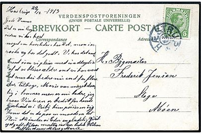 5 øre Chr. X på brevkort dateret d. 22.12.1913 annulleret med stjernestempel HÆSTRUP til Stege.