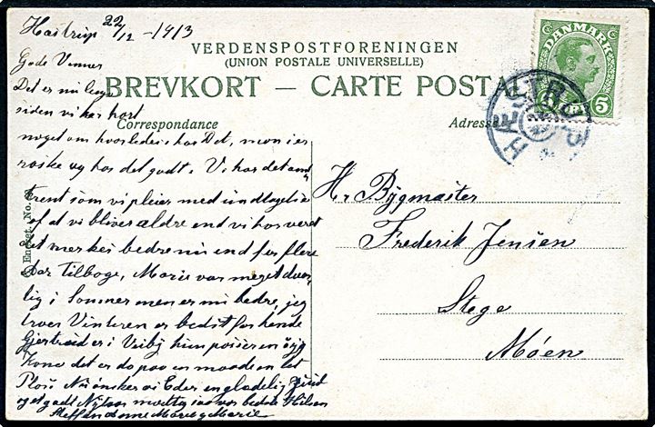 5 øre Chr. X på brevkort dateret d. 22.12.1913 annulleret med stjernestempel HÆSTRUP til Stege.