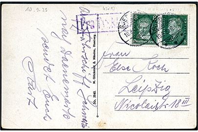 8 pfg. Beethoven og 8 pfg. Ebert på brevkort (Færge forlader Warnemünde) annulleret med dansk stempel i Gjedser d. 10.9.1929 og sidestemplet violet Fra Tyskland til Leipzig, Tyskland.