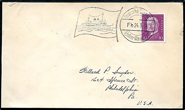 40 pfg. Hindenburg på brev annulleret med skibsstempel Deutsche Seepost Gjedser-Warnemünde Fb d. 24.3.1934 til Philadelphia, USA. Åbnet af tysk toldkontrol i Warnemünde.