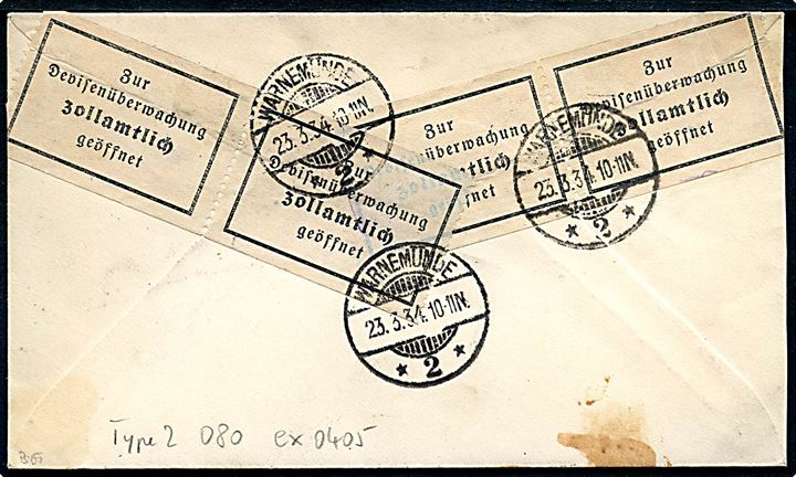 40 pfg. Hindenburg på brev annulleret med skibsstempel Deutsche Seepost Gjedser-Warnemünde Fb d. 24.3.1934 til Philadelphia, USA. Åbnet af tysk toldkontrol i Warnemünde.
