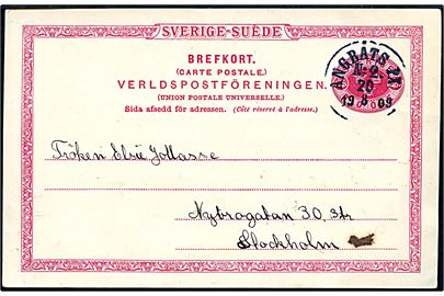 10 öre helsagsbrevkort fra Brevik annulleret med dampskibsstempel Ångbåts PXP No. 2 d. 20.8.1909 til Stockholm. Stemplet benyttet ombord på S/S Express på ruten Saltsjöbaden - Dalarö.