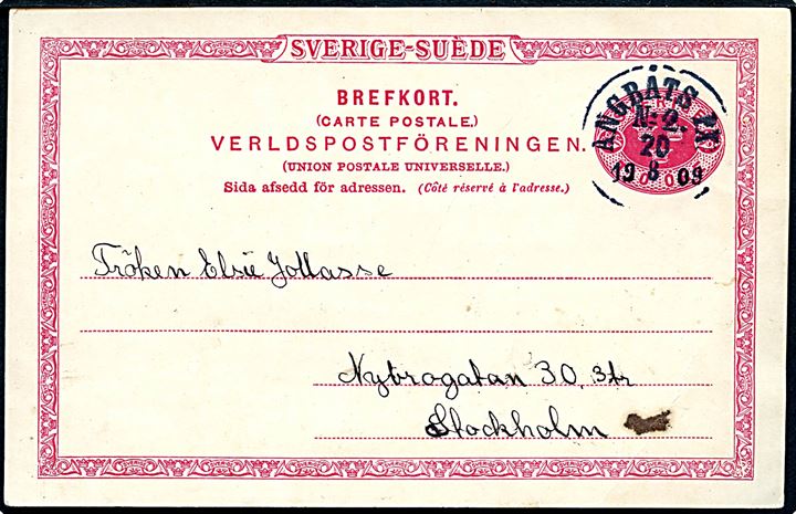 10 öre helsagsbrevkort fra Brevik annulleret med dampskibsstempel Ångbåts PXP No. 2 d. 20.8.1909 til Stockholm. Stemplet benyttet ombord på S/S Express på ruten Saltsjöbaden - Dalarö.