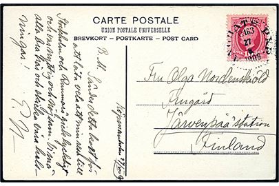 10 öre Oscar II på brevkort (Köpmanholm) annulleret med dampskibsstempel Ångbåts PXP no. 163 d. 27.8.1909 til Järvenpää, Finland. Stemplet benyttet ombord på S/S Rex på ruten Stockholm - Norrtälje.