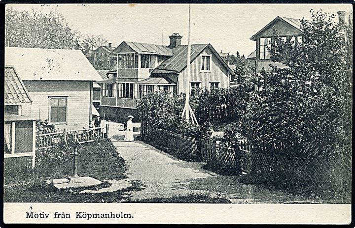 10 öre Oscar II på brevkort (Köpmanholm) annulleret med dampskibsstempel Ångbåts PXP no. 163 d. 27.8.1909 til Järvenpää, Finland. Stemplet benyttet ombord på S/S Rex på ruten Stockholm - Norrtälje.