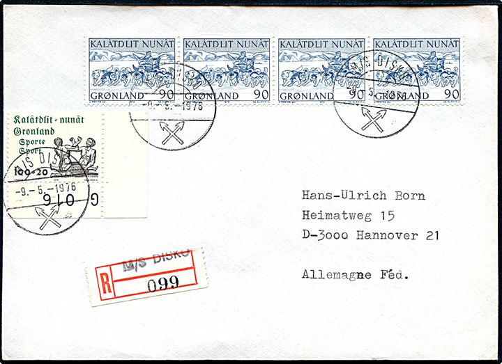 90 øre Postbefordring (4) og 100+20 øre Idrætsmærke på anbefalet brev stemplet M/S Disko d. 9.5.1976 til Hannover, Tyskland. Medfølger postkvittering for afsendelse af brevet med trodat-stempel M/S DISKO POSTSTATION 3991 d. 10.8.1976.