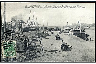 Canada, Montreal, havneparti ved St. Lawrence River med 1 cent War Tax udg. stemplet d. 2.8.1918.