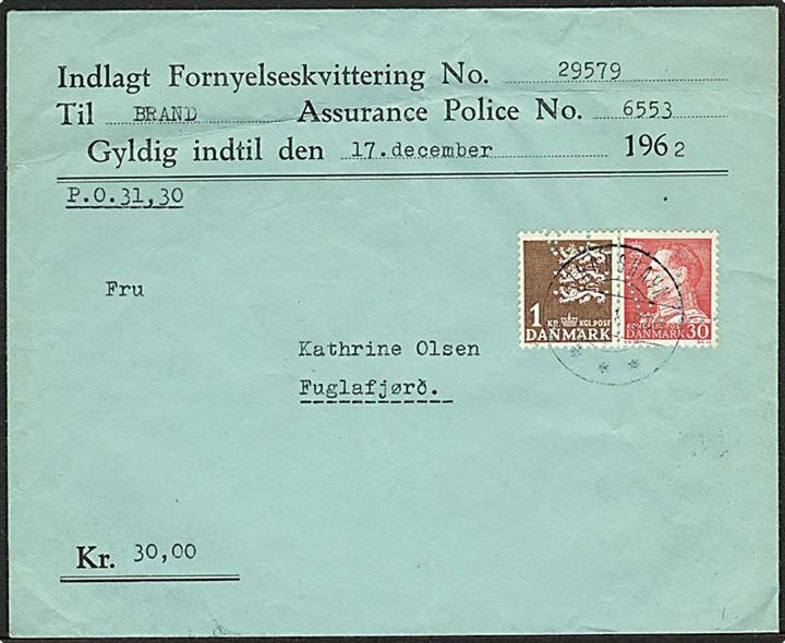 30 øre Fr. IX og 1 kr. Rigsvåben med perfin V.L. (Valdemar Lützen) på brev med opkrævning fra Tórshavn d. 18.12.1961 til Fuglefjord.