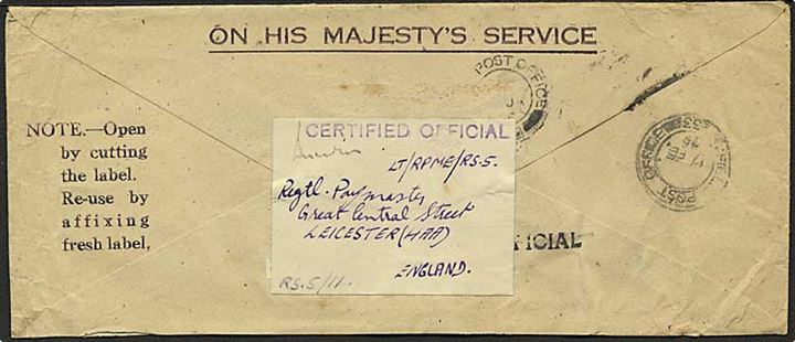 Ufrankeret OHMS kuvert stemplet Field Post Office 233 (= Jerusalem, Palestina) d. 17.2.1945 til Leichester, England.