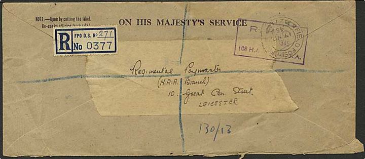 Ufrankeret anbefalet OHMS kuvert stemplet Field Post Office 271 (= 8th Corps, Holland) d. 17.3.1945 til Leichester, England.