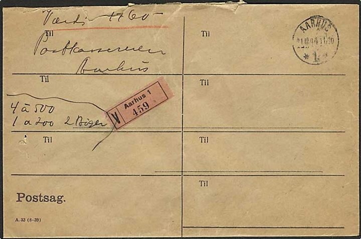 Ufrankeret postsagskuvert A.33 (8-39) sendt som værdibrev fra Aarhus 1 d. 21.12.1944 til Aarhus.