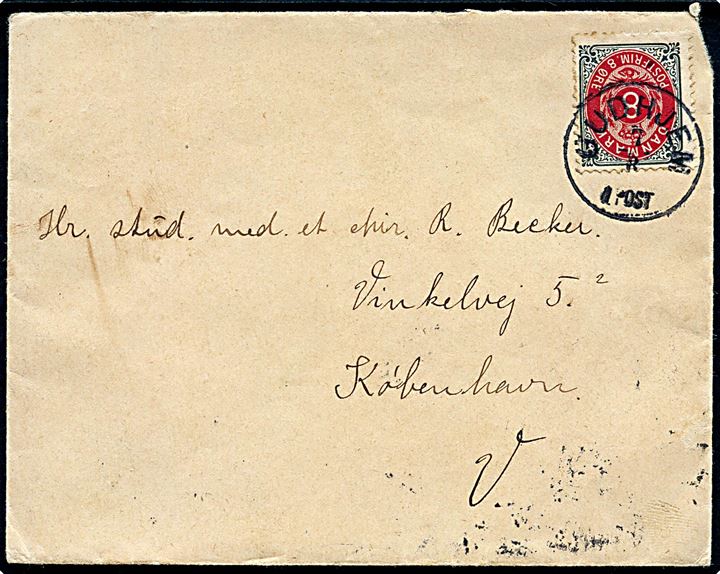 8 øre Tofarvet på brev annulleret med lapidar Gudhjem d. 7.8.1901 til Kjøbenhavn. 