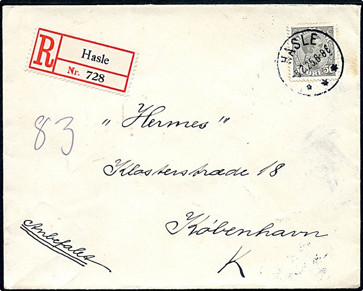 50 øre Chr. X single på anbefalet brev annulleret med brotype IIIb Hasle d. 5.2.1925 til København.