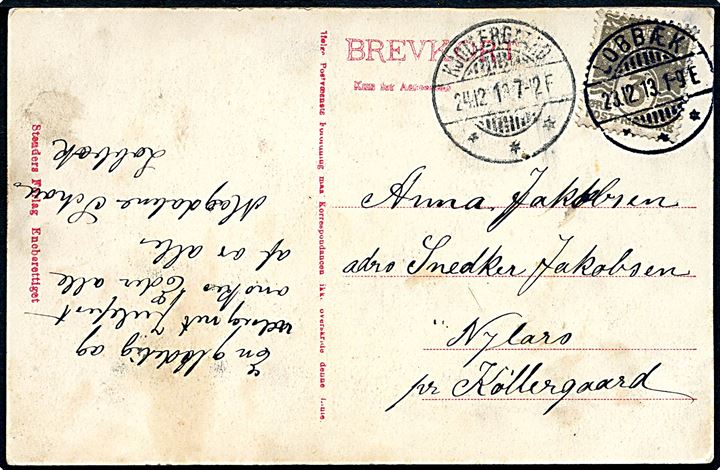 3 øre Bølgelinie på lokalt julekort annulleret med brotype Ia Lobbæk d. 23.12.1913 til Nylars pr. Køllergaard. Ank.stemplet brotype Ia Kjøllergaard d. 24.12.1913.
