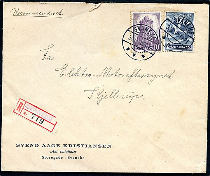 10 øre Rundetårn og 40+5 øre Frihedsfonden på anbefalet brev fra Svaneke d. 30.1.1948 til Kjellerup.
