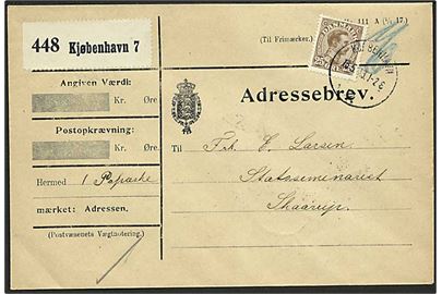 25 øre Chr. X single på adressebrev for pakke fra Kjøbenhavn d. 15.5.1918 til Statsseminariet i Skaarup.