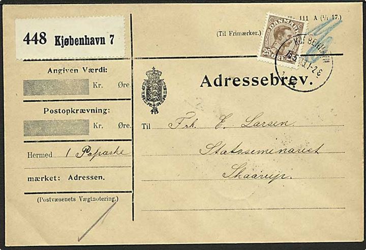 25 øre Chr. X single på adressebrev for pakke fra Kjøbenhavn d. 15.5.1918 til Statsseminariet i Skaarup.