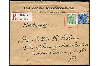 5 øre og 20 øre Chr. X på anbefalet brev fra Det danske Missionsselskab i Hellerup d. 23.3.1918 til War Prisoners Aid's kontor i København. Overfrankeret og 5 øre mærke indrammet med rødkridt.