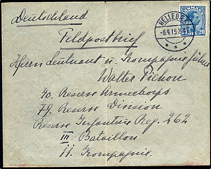 20 øre Chr. X på brev påskrevet Feldpostbrief fra Hellebæk d. 6.4.1915 til officer med militæradresse i Tyskland. Lodret fold.