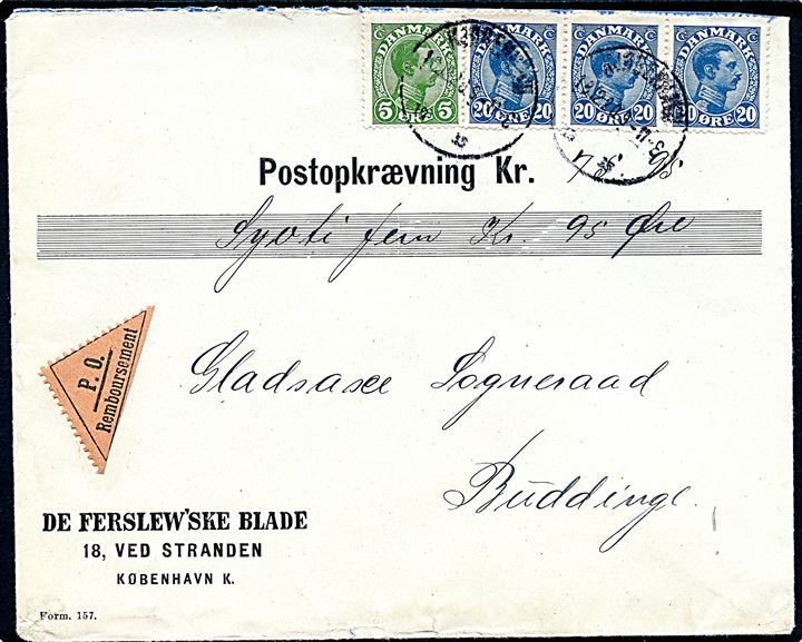 5 øre og 20 øre (3) Chr. X på 65 øre frankeret brev med postopkrævning fra Kjøbenhavn d. 18.12.1920 til Gladsaze pr. Buddinge.