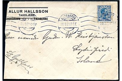 20 øre Chr. X på fortryk kuvert fra Thorshavn afsendt fra Kjøbenhavn d. 30.9.1920 og påskrevet S/S Gullfoss til Seydisfjord, Island. På bagsiden ank.stemplet d. 8.10.1920.