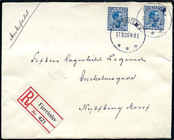 20 øre Chr. X (2) på anbefalet brev annulleret med brotype IIIb Fjerritslev d. 27.9.1920 via Thisted til Nykøbing på Mors.