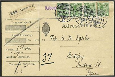 5 øre Chr. X (4) på adressekort for pakke fra Kjøbenhavn F. d. 8.9.1915 til Gudbjerg pr. Gudme St. Liniestempel: Kjøbenhavn F. under frankaturen.