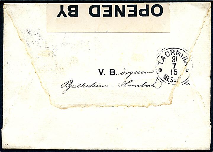 20 øre Chr. X på brev fra Hornbæk d. 18.7.1915 til Taormina, Italien. Åbnet af britisk censur no. 674 og passér stemplet ved den italienske censur i Bologna. Ank. d. 31.7.1915.