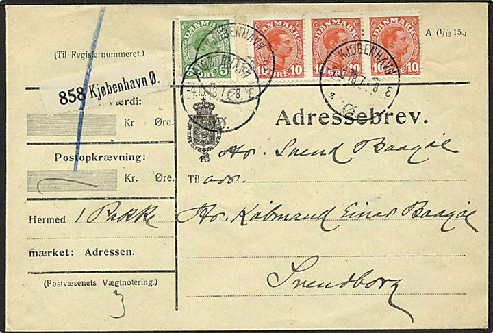 5 øre og 10 øre (3) Chr. X på adressebrev for pakke fra Kjøbenhavn d. 4.10.1918 til Svendborg.