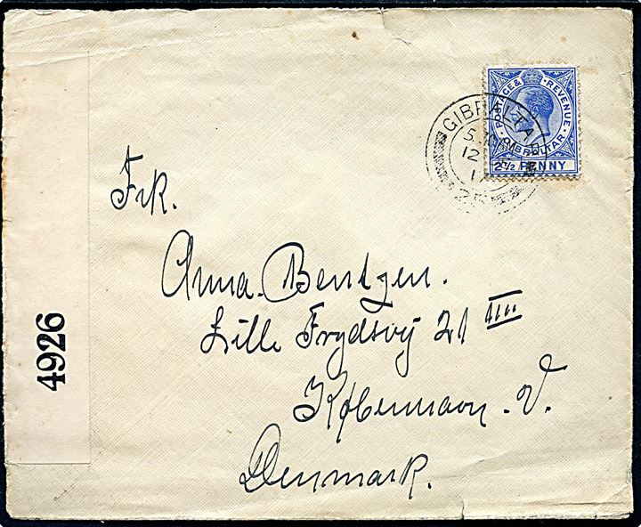 2½d George V på brev fra Gibraltar d. 12.12.1917 til København, Danmark. Åbnet af lokal britisk censur i Gibraltar no. 4926. Censor nr. i intervallet 4920-4940 blev benyttet i Gibraltar.