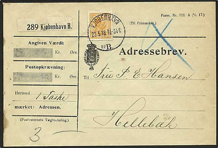 35 øre Chr. X single på adressebrev for pakke fra Kjøbenhavn d. 22.5.1918 til Hellebæk.