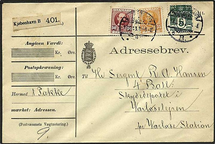 5 øre Bølgelinie, 35 øre og 50 øre Fr. VIII på 90 øre frankeret adressebrev fra Kjøbenhavn d. 18.6.1913 til Sergent ved 4. Batl., Skydedepotet i Værløselejren.