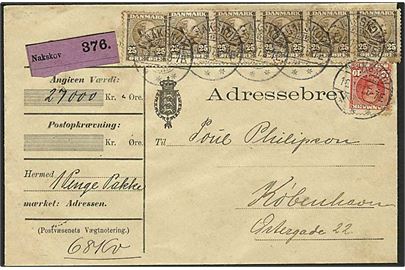 25 øre Chr. IX (6) og 10 øre Fr. VIII på 160 øre frankeret adressebrev for værdipakke fra Nakskov d. 18.4.1907 til København. 1 mærke yderligt placeret.
